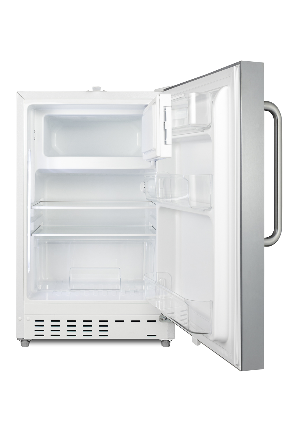 Built-in undercounter ADA compliant refrigerator-freezer with a stainless steel cabinet and reversible SS door, with a towel bar handle for residential use, manual defrost with glass shelves, front lock, and door storage